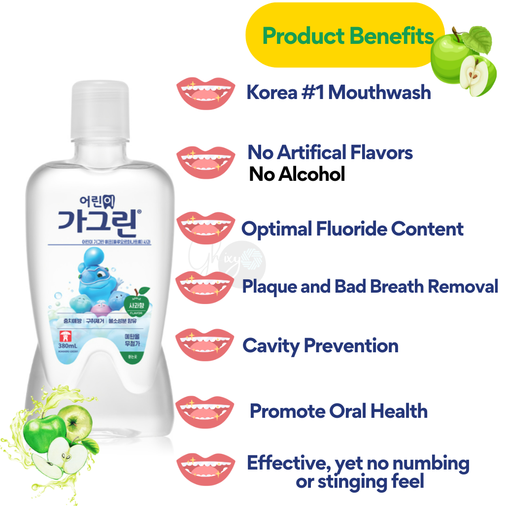 Garglin Kids' Apple Mouthwash Bundle (380ml x 3) – Korea's Favorite! Say Goodbye to Bad Breath & Hello to Sparkling Smiles!